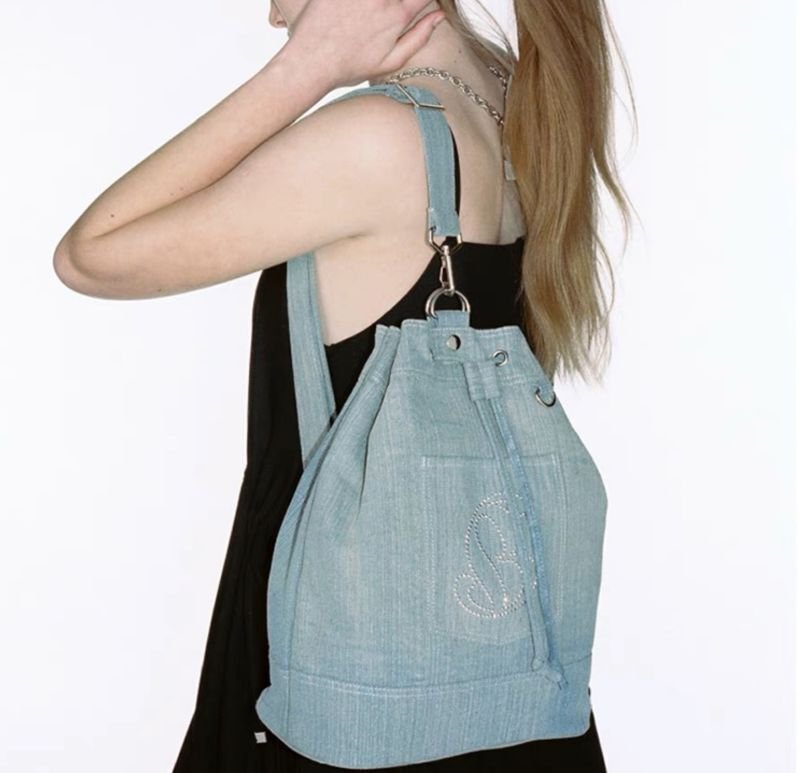 画像4: Denim Rhinestone Backpack Rucksack Tote Shoulder Bag shopping bag パール付きバックパックトートショルダーバッグピクニックショッピングエコバッグ  (4)