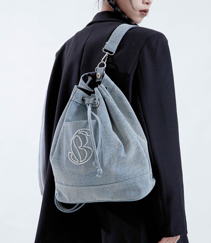 画像6: Denim Rhinestone Backpack Rucksack Tote Shoulder Bag shopping bag パール付きバックパックトートショルダーバッグピクニックショッピングエコバッグ  (6)