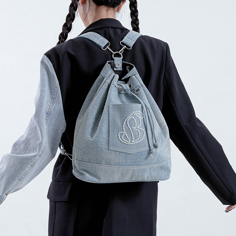 画像5: Denim Rhinestone Backpack Rucksack Tote Shoulder Bag shopping bag パール付きバックパックトートショルダーバッグピクニックショッピングエコバッグ  (5)