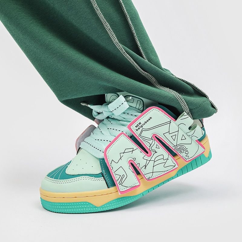 画像5: splicing board shoes leather high cut lace-up  sneakers  男女兼用 ユニセックススプライシングレザー厚底プラットホームレースアップスニーカー (5)