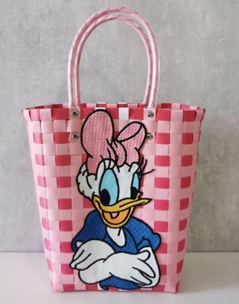 画像1: daisy duck pink Damier Checkered Tote Bagbasket picnic shopping bag　デイジーダックピンクダミエバスケットピクニックショッピングバッグ トート籠かごバッグ (1)