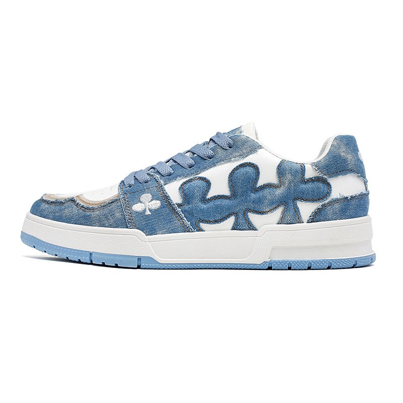 Denim & leather clover embroidery lace-up sneakers 男女兼用