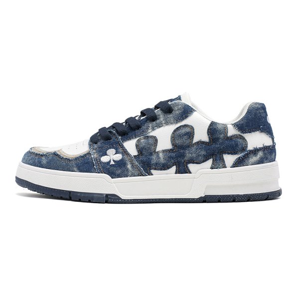 画像1: Denim & leather clover embroidery lace-up sneakers  男女兼用 ユニセックスデニム＆レザークローバー刺繍レースアップスニーカー (1)