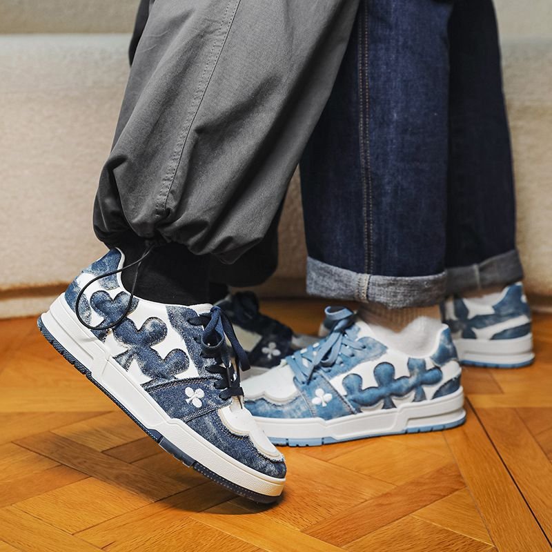 画像5: Denim & leather clover embroidery lace-up sneakers  男女兼用 ユニセックスデニム&レザークローバー刺繍レースアップスニーカー (5)