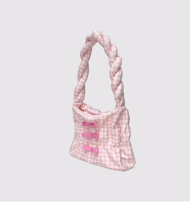 画像7: Ribbon Twist Gingham Check Hand Shoulder Bag Under Arm Bag リボンツイストハンドルギンガムチェックトートショルダーバッグアンダーアームバッグ (7)