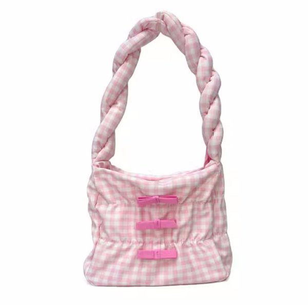 画像1: Ribbon Twist Gingham Check Hand Shoulder Bag Under Arm Bag　リボンツイストハンドルギンガムチェックトートショルダーバッグアンダーアームバッグ (1)