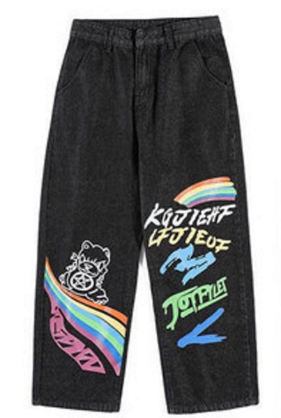 画像1: RAINBOW & LOGO & BEAR PRINT DENIM pants  ユニセックス 男女兼用 レインボー＆ロゴ＆ベアプリントデニムパンツ (1)
