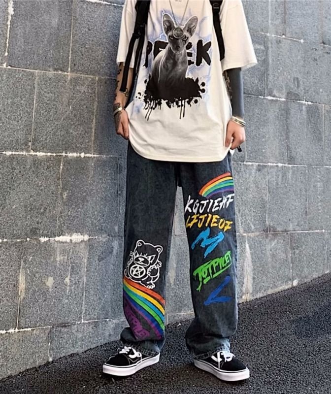 画像2: RAINBOW & LOGO & BEAR PRINT DENIM pants  ユニセックス 男女兼用 レインボー＆ロゴ＆ベアプリントデニムパンツ (2)