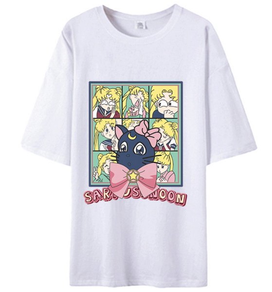 画像1: Sailor Moon Short Sleeve T-shirt    セーラームーン&ルナオーバーサイズプリント 半袖Tシャツ (1)