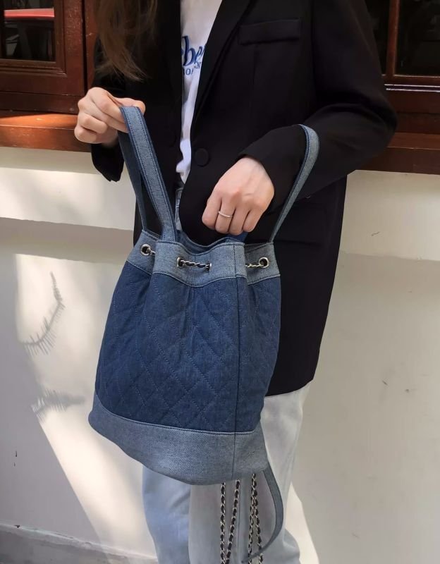 画像3: Quilted denim chain shoulder backpack tote shoulder bag キルティングデニムデニムチェーンショルダーバックパックトートバッグ (3)