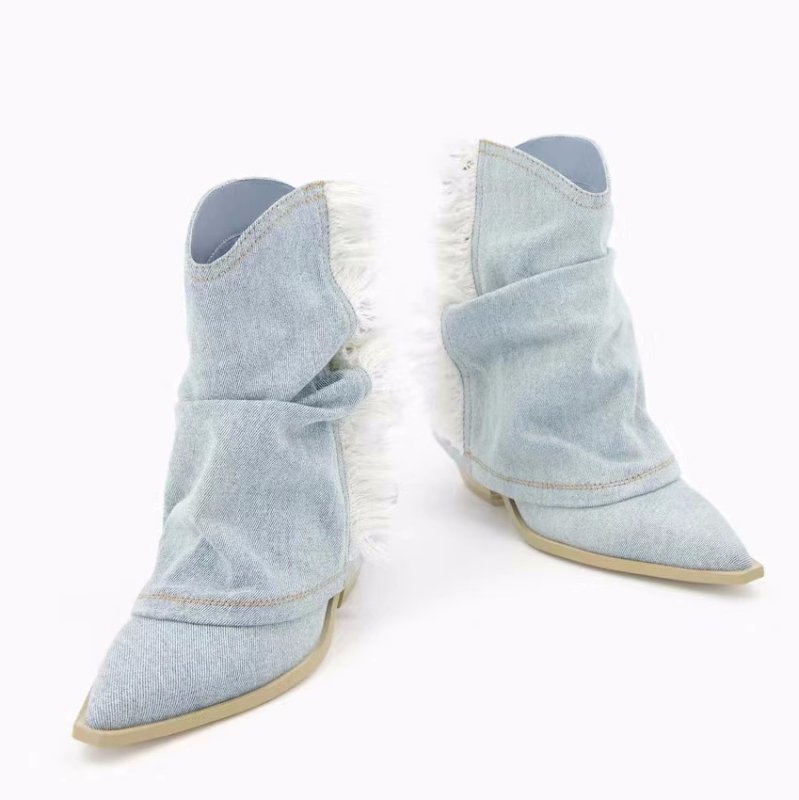 画像4: fringed denim short boots western boots  フリンジデニムショートスプリットブーツ ウエスタンブーツ (4)