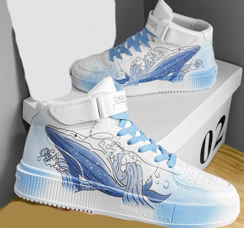 画像4:  whale print high cut leather lace-up sneakers shoes  男女兼用 ユニセックスホエールクジラハイカットレザーレースアップスニーカー (4)