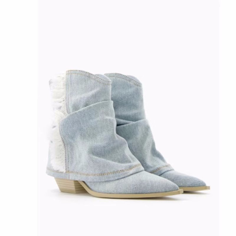 画像3: fringed denim short boots western boots  フリンジデニムショートスプリットブーツ ウエスタンブーツ (3)