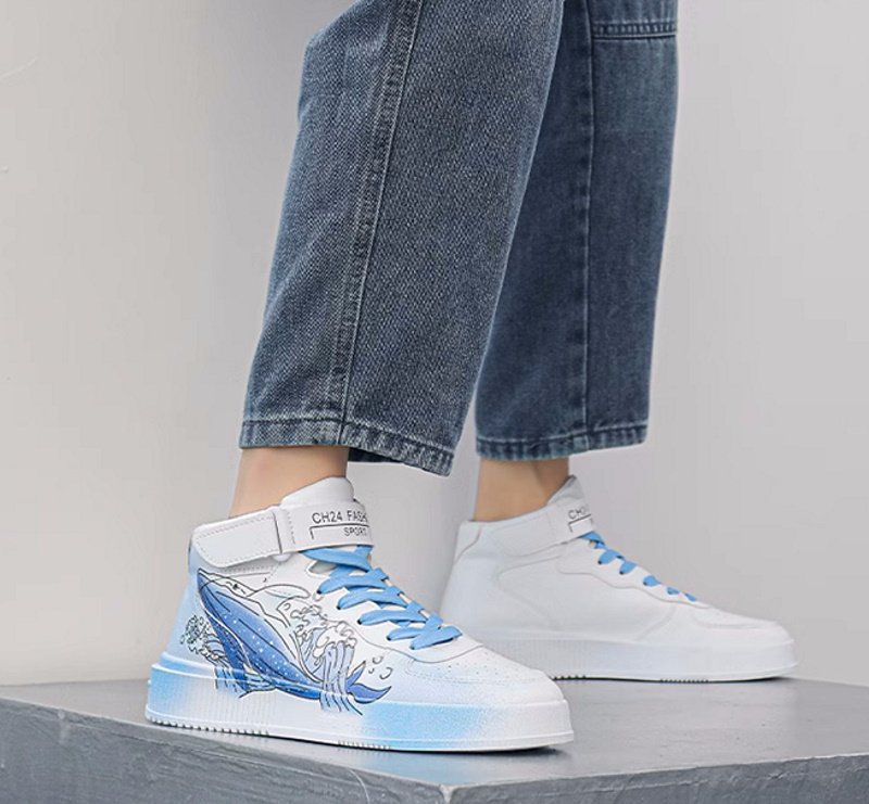 画像3:  whale print high cut leather lace-up sneakers shoes  男女兼用 ユニセックスホエールクジラハイカットレザーレースアップスニーカー (3)