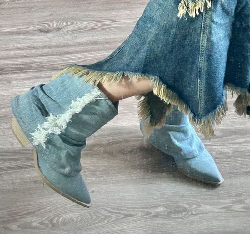 画像7: fringed denim short boots western boots  フリンジデニムショートスプリットブーツ ウエスタンブーツ (7)