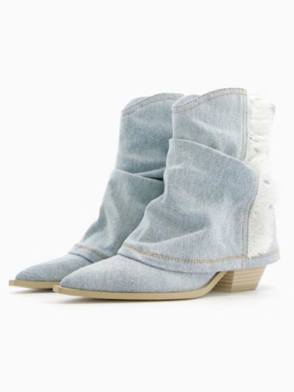 画像2: fringed denim short boots western boots  フリンジデニムショートスプリットブーツ ウエスタンブーツ (2)