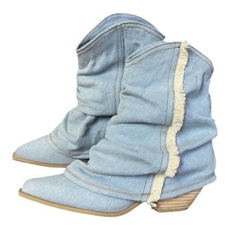 画像8: fringed denim short boots western boots  フリンジデニムショートスプリットブーツ ウエスタンブーツ (8)