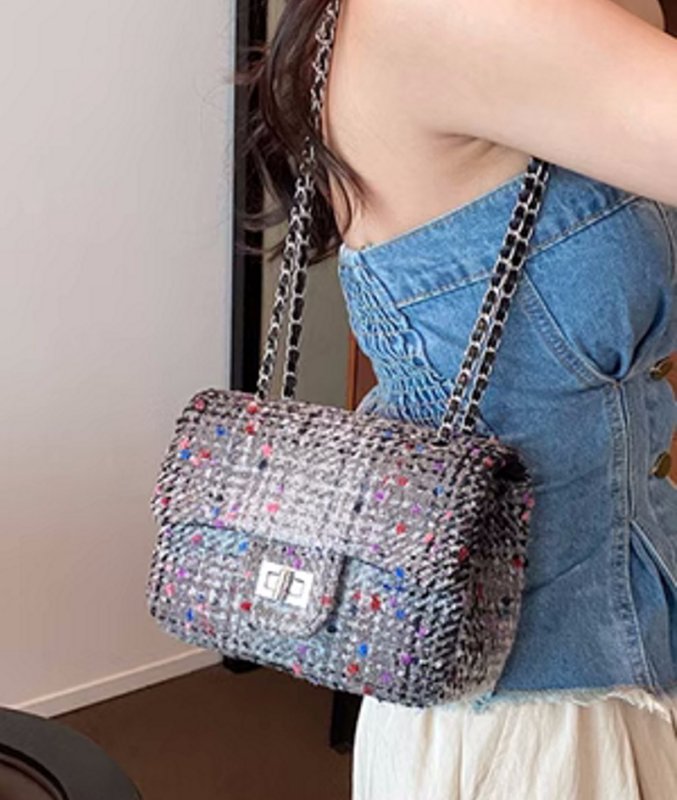 画像5: tweed chain shoulder strap tote shoulder bag  ツイードチェーンショルダーストラップトートショルダーバッグ (5)