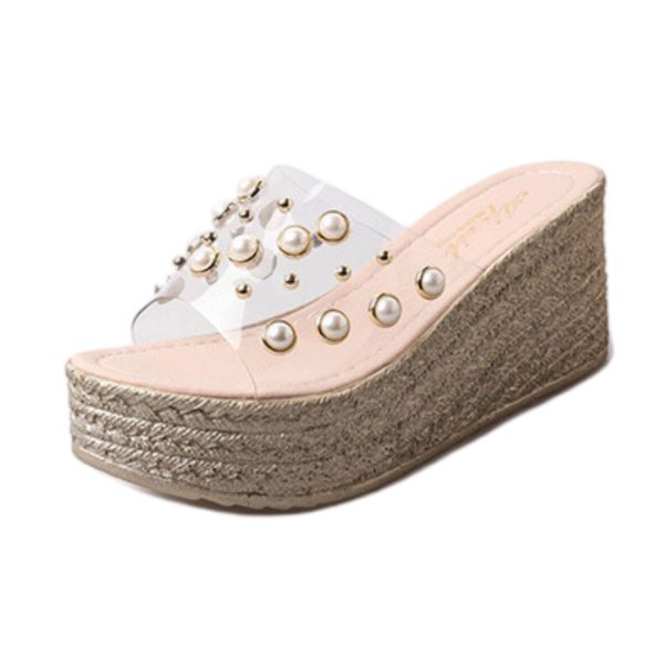 画像1: 23 women's flip-flops Sweet Flowers Sandals Bijou & Pearl Wedge Sandals　エスパドリーユ厚底ウエッジパール＆ビジュー付サンダル (1)