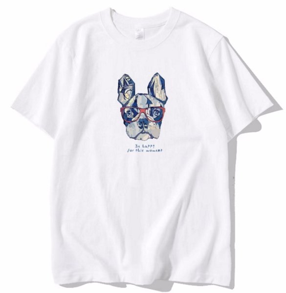 画像1: glasses dog print Short Sleeve T-shirt   　ユニセックス男女兼用メガネグラスドッグプリント半袖Tシャツ (1)