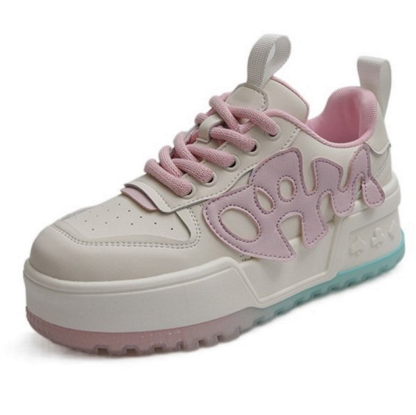 画像1: women's sports and leisure pink inner lace-up sneakers　レザーカラフル厚底プラットホームレースアップスニーカー (1)