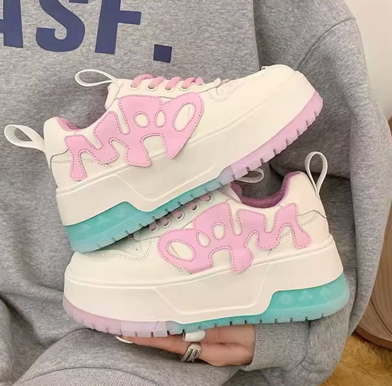 画像11: women's sports and leisure pink inner lace-up sneakers レザーカラフル厚底プラットホームレースアップスニーカー (11)