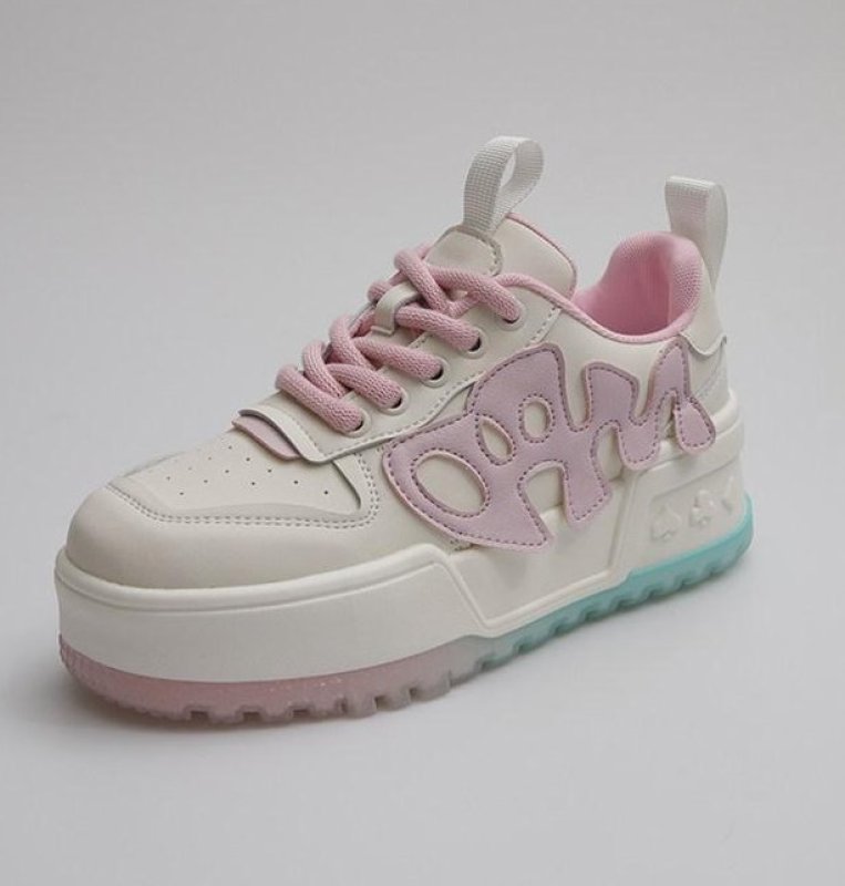 画像4: women's sports and leisure pink inner lace-up sneakers レザーカラフル厚底プラットホームレースアップスニーカー (4)