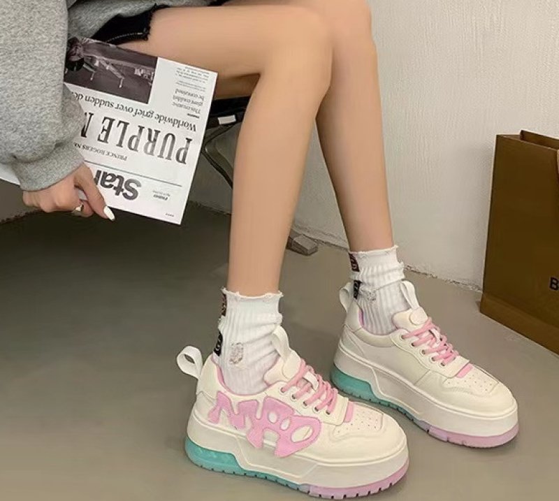 画像10: women's sports and leisure pink inner lace-up sneakers レザーカラフル厚底プラットホームレースアップスニーカー (10)