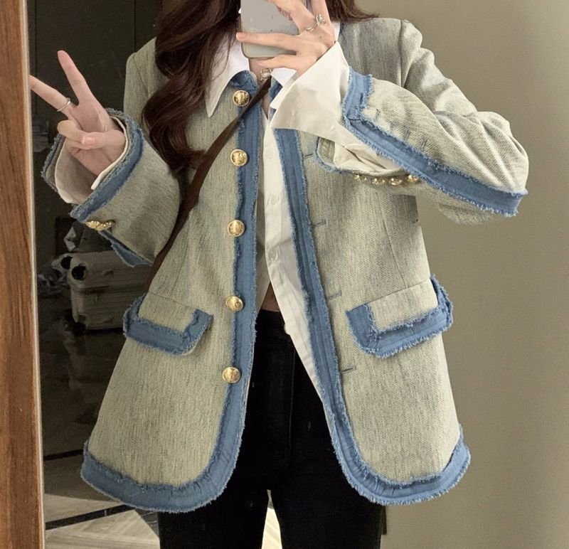 画像6: fringed denim trimmed jacket coat　フリンジデニム縁取りジャケット コート (6)