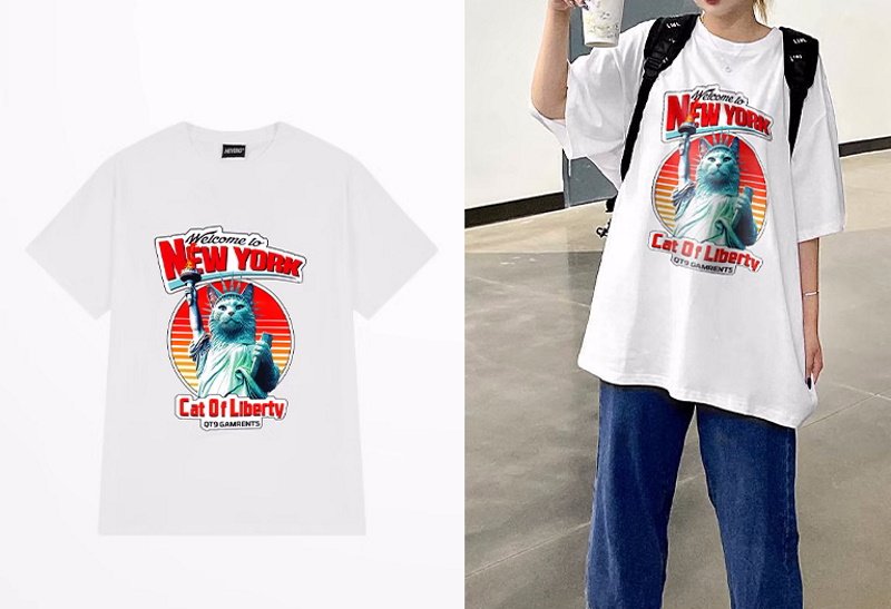 画像3: cat statue of liberty print Short Sleeve T-shirt    ユニセックス男女兼用キャット猫自由の女神プリントTシャツ (3)