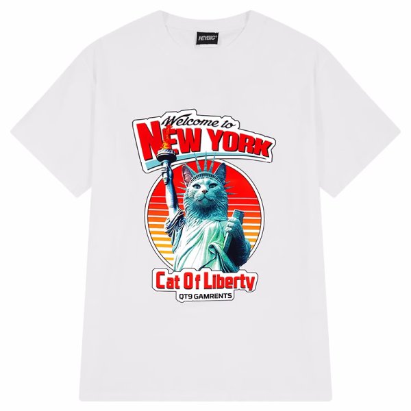 画像1: cat statue of liberty print Short Sleeve T-shirt   　ユニセックス男女兼用キャット猫自由の女神プリントTシャツ (1)