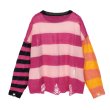 画像2: Striped Stitch Print Round Neck Long Sleeve Distressed Knit Sweater 　ストライプボーダーステッチプリントラウンドネック長袖ダメージ入りニットセーターニット (2)