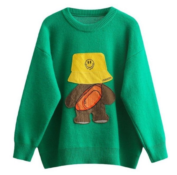 画像1: smile cap & bear Long Sleeve sweater pullover  Knit 　スマイルキャップ＆ベア熊ラウンドネック長袖ニットセータープルオーバー (1)
