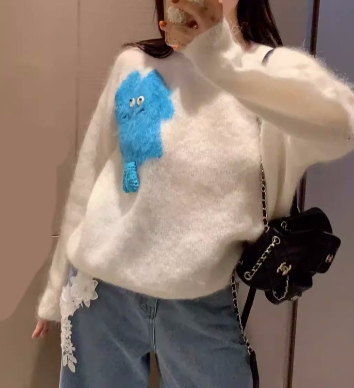 画像11: Monster embroidery mohair pullover sweater  Knit 　モンスター刺繍モヘアラウンドネック長袖ニットセータープルオーバー (11)