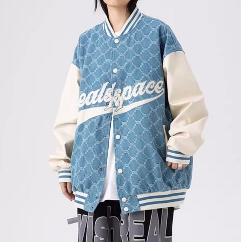 画像5: denim and leather monogram stadium jacket baseball uniform jacket blouson  ユニセックス 男女兼用 デニム&レザーモノグラムスタジアムジャンパー スタジャン MA-1 ボンバー ジャケット ブルゾン (5)