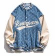 画像2: denim and leather monogram stadium jacket baseball uniform jacket blouson  ユニセックス 男女兼用 デニム＆レザーモノグラムスタジアムジャンパー スタジャン MA-1 ボンバー ジャケット ブルゾン (2)