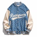 画像2: denim and leather monogram stadium jacket baseball uniform jacket blouson  ユニセックス 男女兼用 デニム＆レザーモノグラムスタジアムジャンパー スタジャン MA-1 ボンバー ジャケット ブルゾン (2)