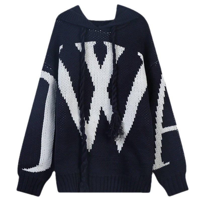 画像2: letter jacquard loose hooded hoody sweater　ユニセックス男女兼用 レター編み込みフーディセーターパーカー  (2)