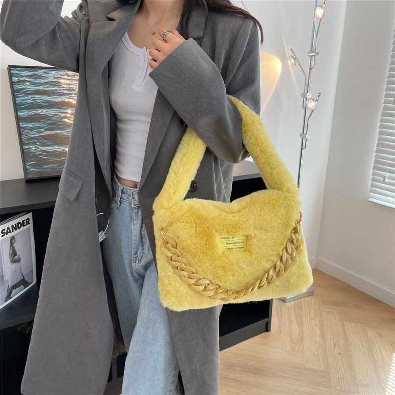 画像17: FUR CHAIN HANDLE SQUARE TOTE underarm bag  ファーモコモコチェーンハンドルスクエアアンダーアーム トート ショルダーバッグ (17)