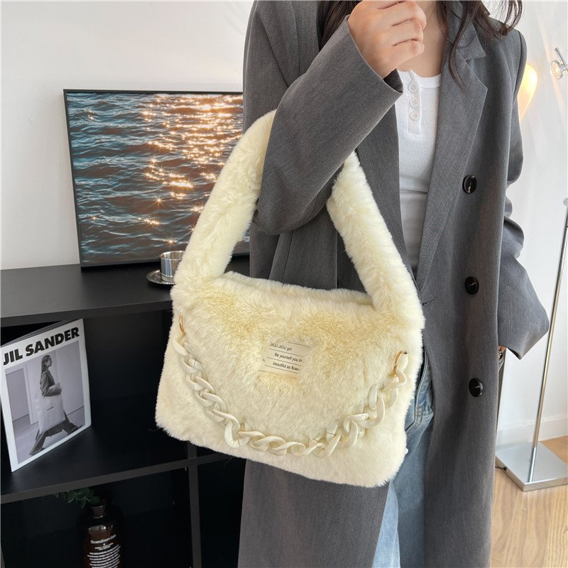画像16: FUR CHAIN HANDLE SQUARE TOTE underarm bag  ファーモコモコチェーンハンドルスクエアアンダーアーム トート ショルダーバッグ (16)