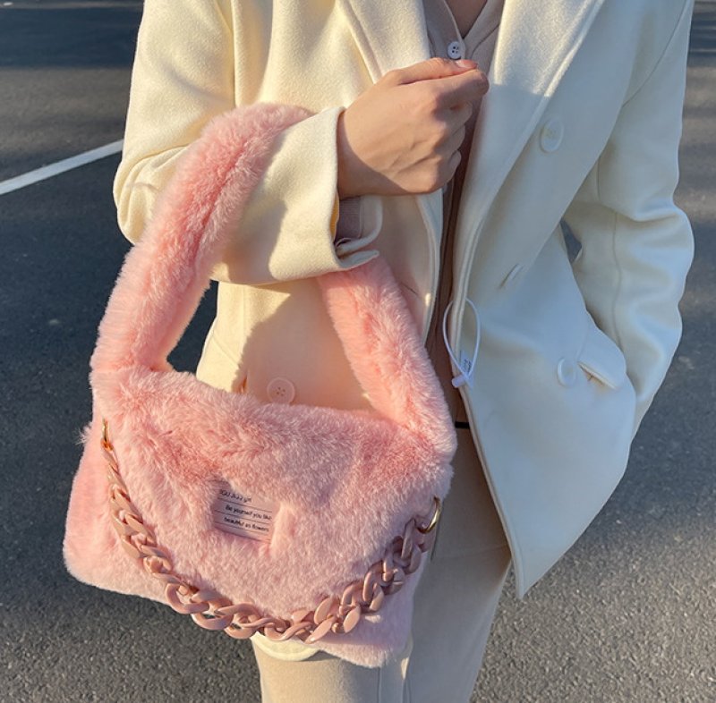 画像13: FUR CHAIN HANDLE SQUARE TOTE underarm bag  ファーモコモコチェーンハンドルスクエアアンダーアーム トート ショルダーバッグ (13)