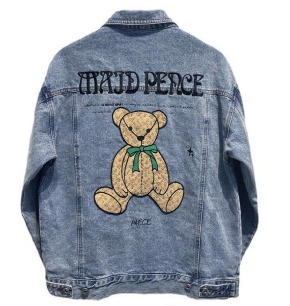 画像1: Monogram Teddy Bear Embroidery Denim G Jean jacket blouson  ユニセックス 男女兼用モノグラムテディベア熊刺繍スタジアムジャンパー スタジャン MA-1 ボンバー ジャケット ブルゾン (1)