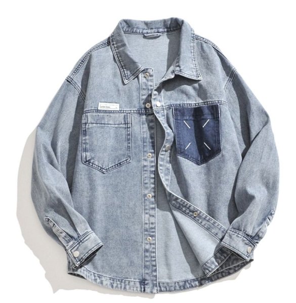 画像1: DENIM ASYMMETRIC POCKET JACKET shirt　ユニセックス 男女兼用 デニムアシンメトリー非対称ポケットジャケット シャツ (1)