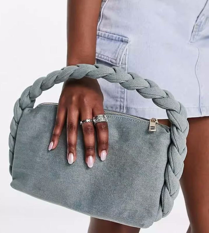 画像4: braided handle denim Tote Shoulder Handbag  編み込みハンドルデニムアンダーアームトートショルダーバッグ (4)