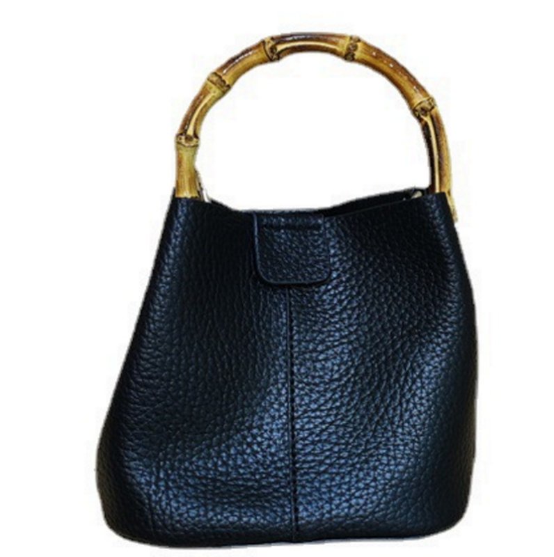画像2:  Bamboo Handle Bucket Leather Tote Shoulder Handbag  バンブーハンドルバケットレザートートショルダーバッグ (2)