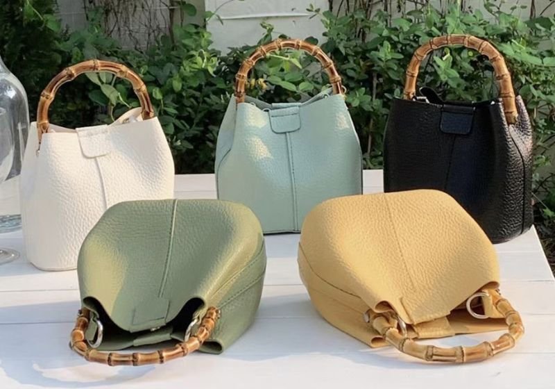 画像8:  Bamboo Handle Bucket Leather Tote Shoulder Handbag  バンブーハンドルバケットレザートートショルダーバッグ (8)