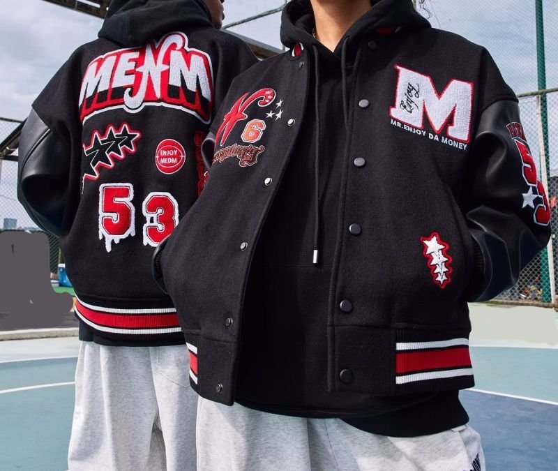 画像5: basketball embroidery Flocking Embroidery Stitching stadium jacket baseball uniform jacket blouson  ユニセックス 男女兼用バスケットボール刺繍スタジアムジャンパー スタジャン MA-1 ボンバー ジャケット ブルゾン (5)