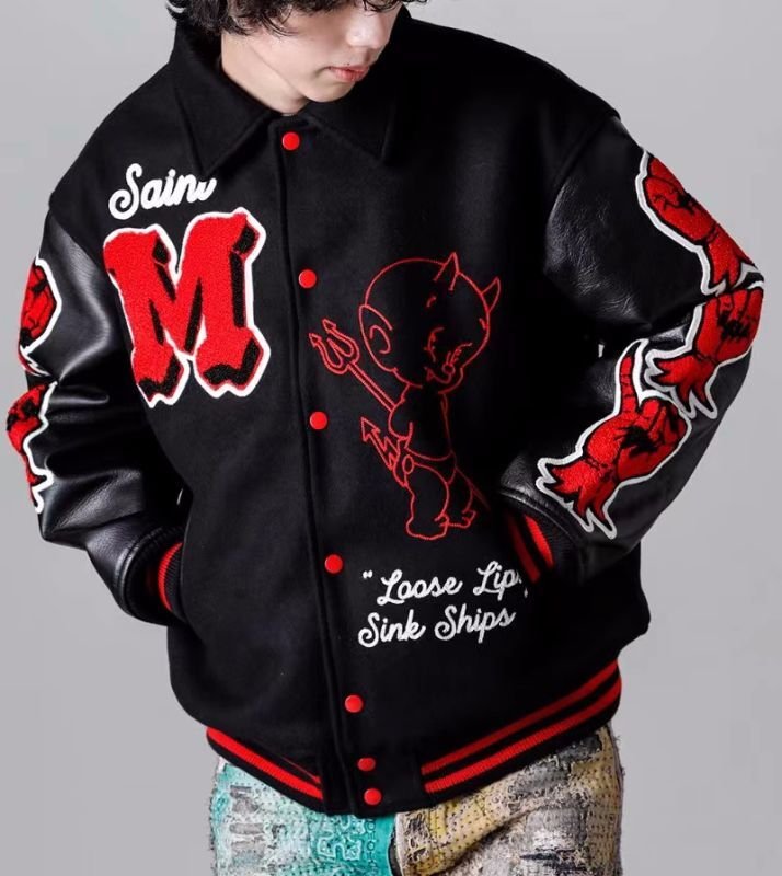 画像5: leather sleeve high street saint hot stuff little devil embroidered  stadium jacket baseball uniform jacket blouson  ユニセックス 男女兼用 リトルデビル 刺繍スタジアムジャンパー スタジャン MA-1 ボンバー ジャケット ブルゾン (5)