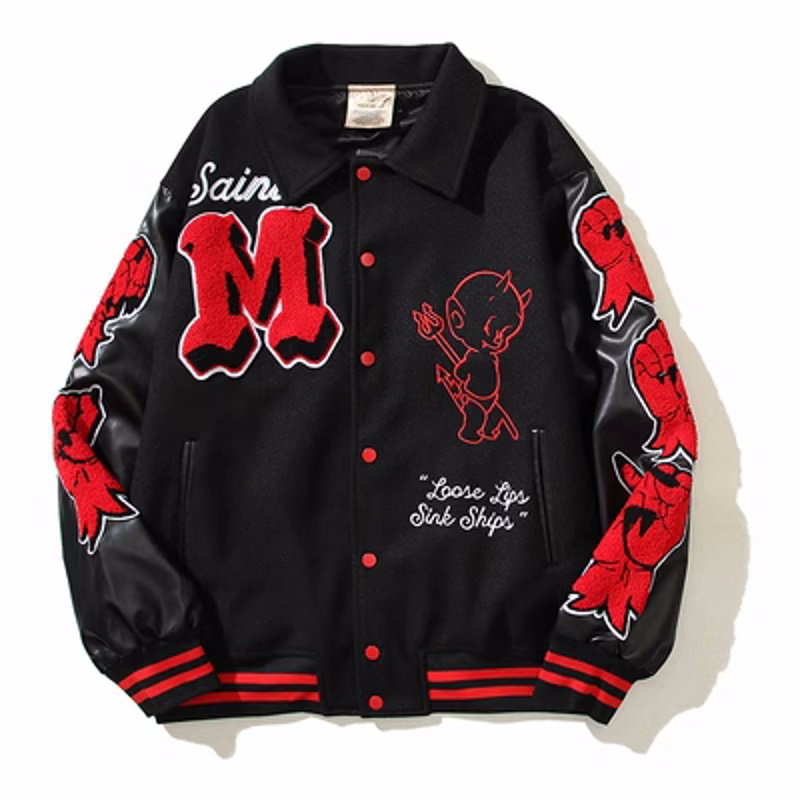画像8: leather sleeve high street saint hot stuff little devil embroidered  stadium jacket baseball uniform jacket blouson  ユニセックス 男女兼用 リトルデビル 刺繍スタジアムジャンパー スタジャン MA-1 ボンバー ジャケット ブルゾン (8)