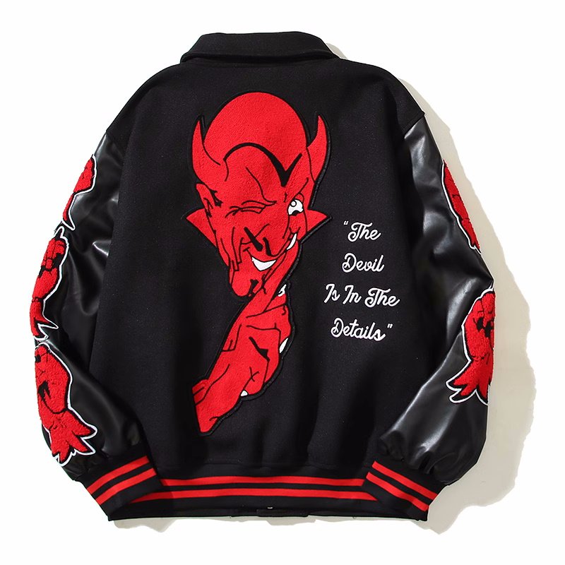 画像3: leather sleeve high street saint hot stuff little devil embroidered  stadium jacket baseball uniform jacket blouson  ユニセックス 男女兼用 リトルデビル 刺繍スタジアムジャンパー スタジャン MA-1 ボンバー ジャケット ブルゾン (3)